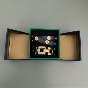 RUSTIC CUFF gold bangle and blue/green wrap bracelet set -never worn